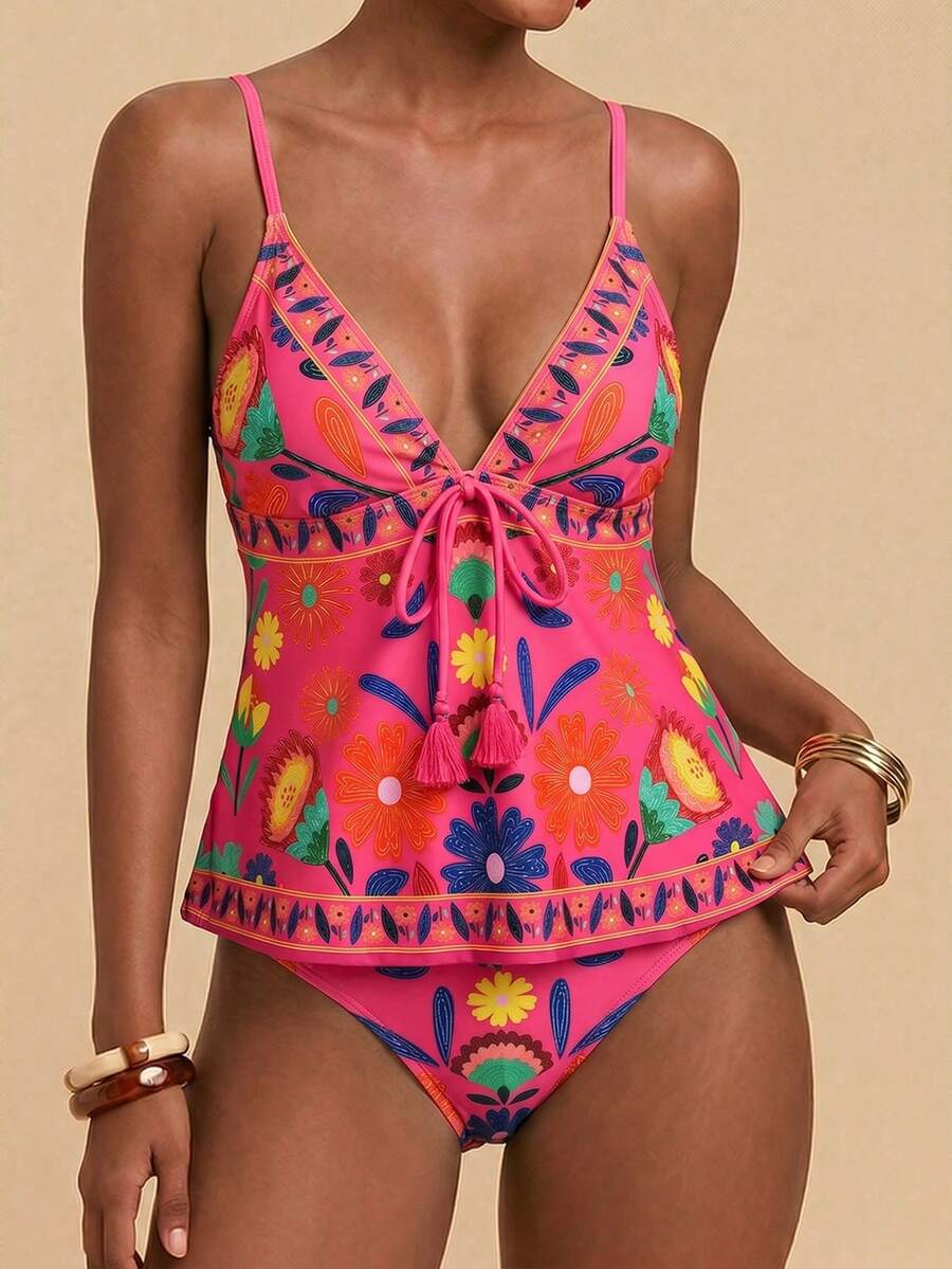 Travachic Conjunto de tankini con parte superior de tirantes con nudo delantero y estampado floral para mujer, ideal para la playa en verano - Rosa Fucsia - Ver 1