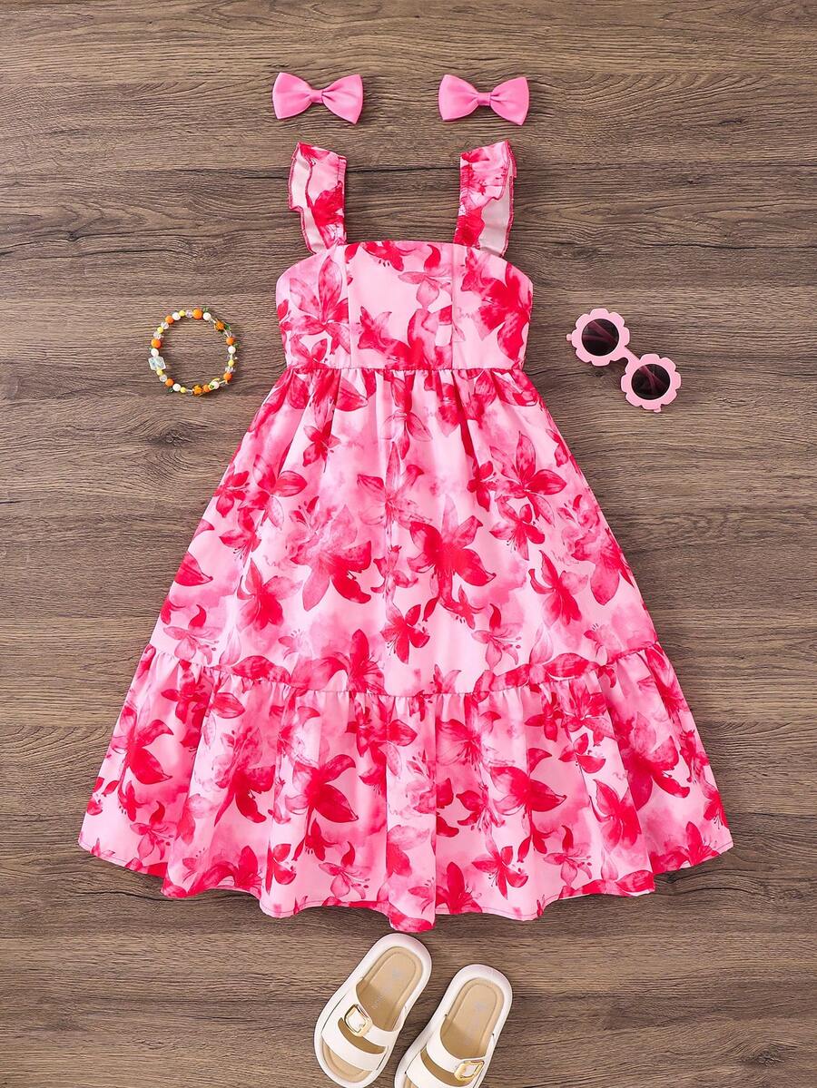 Emery Rose Kids Emery Rose Kids 女童雪纺碎花方领荷叶边下摆休闲连衣裙 - 粉色 - 查看 1