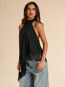 SHEIN BAE Áo không tay cổ yếm bằng satin đen với tua rua, vạt áo bất đối xứng, trang phục gợi cảm, thanh lịch cho buổi hẹn hò đêm xuân/hè. - màu đen - Xem 4