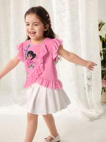 DORA | SHEIN Áo thun nữ cổ tròn in hình hoạt hình, viền bèo nhún, kiểu dáng thường ngày, đa năng. - Hồng - Xem 4