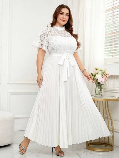 Ellevyn Plus Size Summer Elegant Contrast Lace Pleated Hem Dress