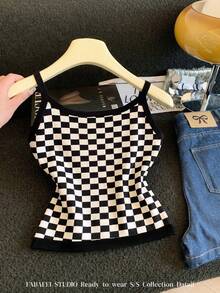 Women Casual Checkered Camisole Top - Black and White - View 2