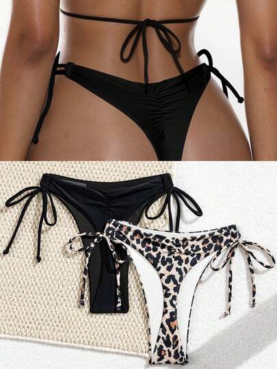 Swim SXY Bas de bikini réversible sexy pour plage, imprimé léopard et couleur unie, avec nœud sur le côté, 2 pièces/set, nouveauté été pour femmes