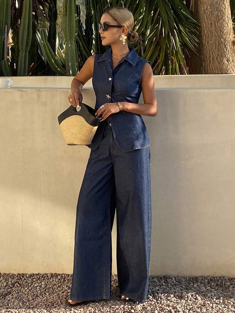 Women's Casual Denim Vest And Pants Set, Summer