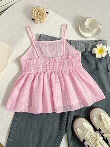 Tween Girls Summer New French Retro Pink Adjustable Shoulder Strap, Waist Cinched, Ruffle Hem, Versatile Cute Crop Cami Top - Pink - View 2