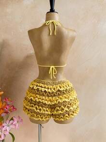 SaltGleam SaltGleam 女士垂褶领吊带露背针织背心，夏季时尚之选 - 黃色 - 查看 2