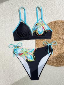 Swim Lushoire Bộ đồ bơi mùa hè mới dành cho nữ, kiểu dáng dây mảnh, hở lưng, cổ chữ V sâu, thắt dây chéo bên hông, quần tam giác, họa tiết hoa, thích hợp cho kỳ nghỉ. - Nhiều màu - Xem 2