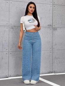SHEIN ICON Women's Vintage Style Non-Stretch Straight Leg Wide Leg Jeans - Light Wash - View 3