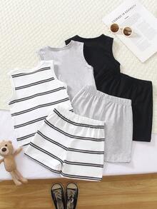 SHEIN Playful Pals 3件套男婴/中性婴幼儿新生儿0-3岁条纹纯色三件套，包括圆领无袖背心、小熊刺绣上衣和短裤，休闲可爱夏季套装，适合日常外出。 - 彩色 - 查看 2