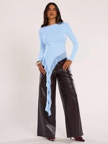 SHEIN BAE Women's Solid Color Minimalist Ruffle Hem Long Sleeve Top, Casual Everyday Wear,Summer Top - Baby Blue - View 4