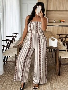 Weeklong Plus Size Women's Geometric Print Halter Jumpsuit, Waist Cinched, Beach/Resort Style, Spring/Summer - Multicolor - View 3