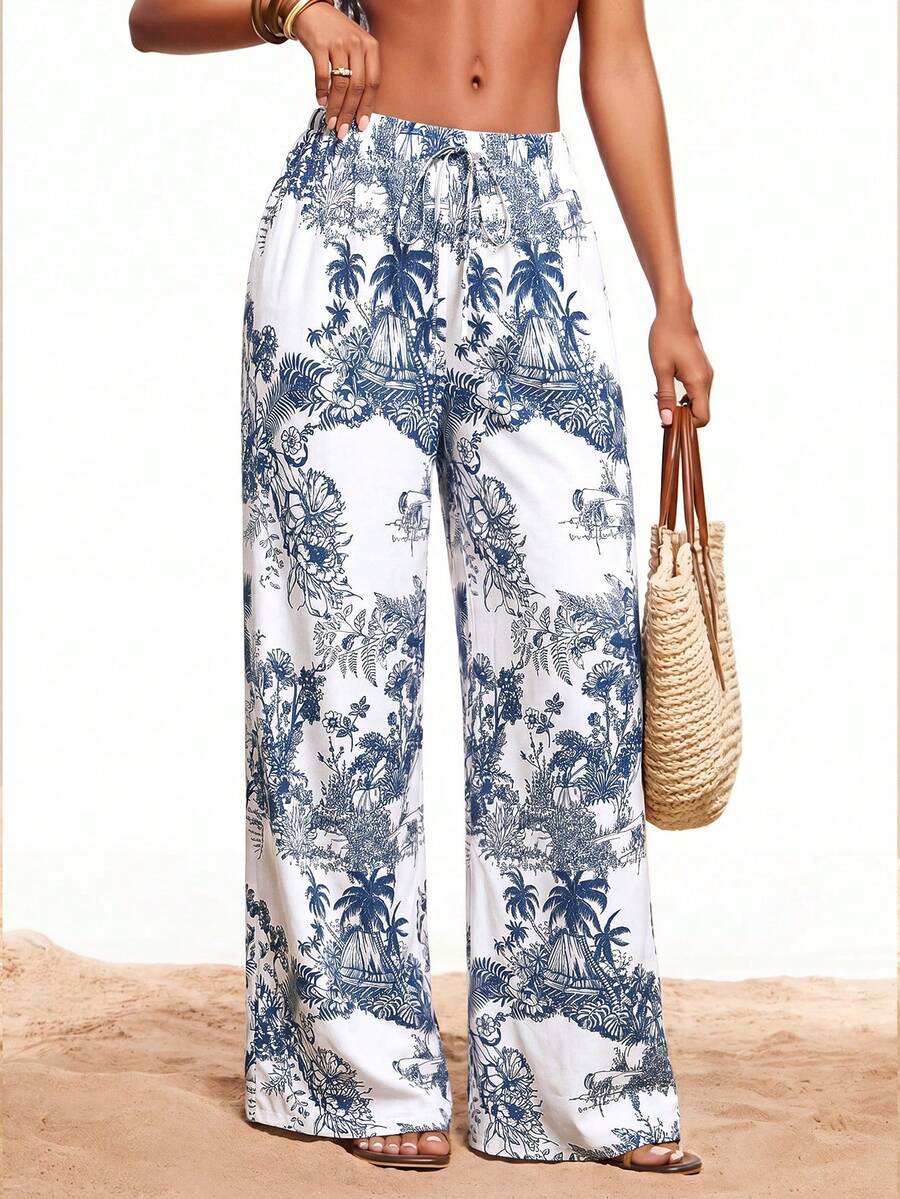 Radiana Plus Size Women's Casual Boho Elegant Loose Straight Leg Pants With Light Blue Floral Print, Summer All-Season Beach Vacation Holiday Wear - Blue and White - View 1