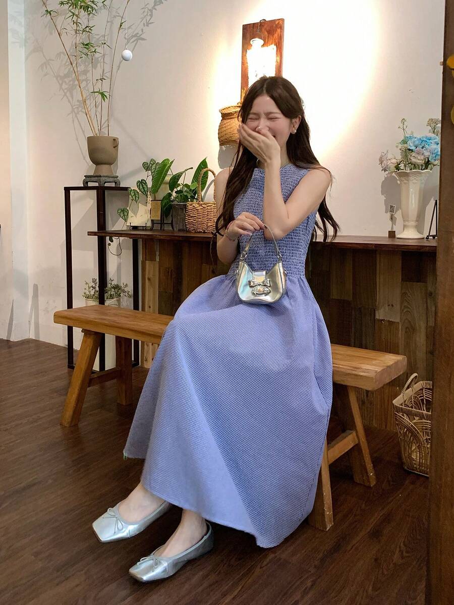 DAZY Đầm nữ cổ tròn không tay kẻ caro dáng dài ngang gối, phong cách Hàn Quốc xuân/hè. - Màu xanh lam - Xem 1