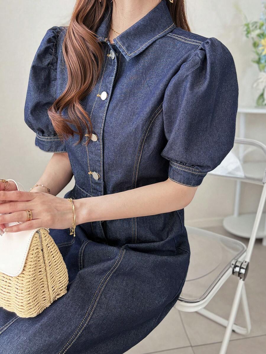 FRIFUL Đầm denim dài tay cánh hoa thời trang dành cho nữ - Rửa trung bình - Xem 1