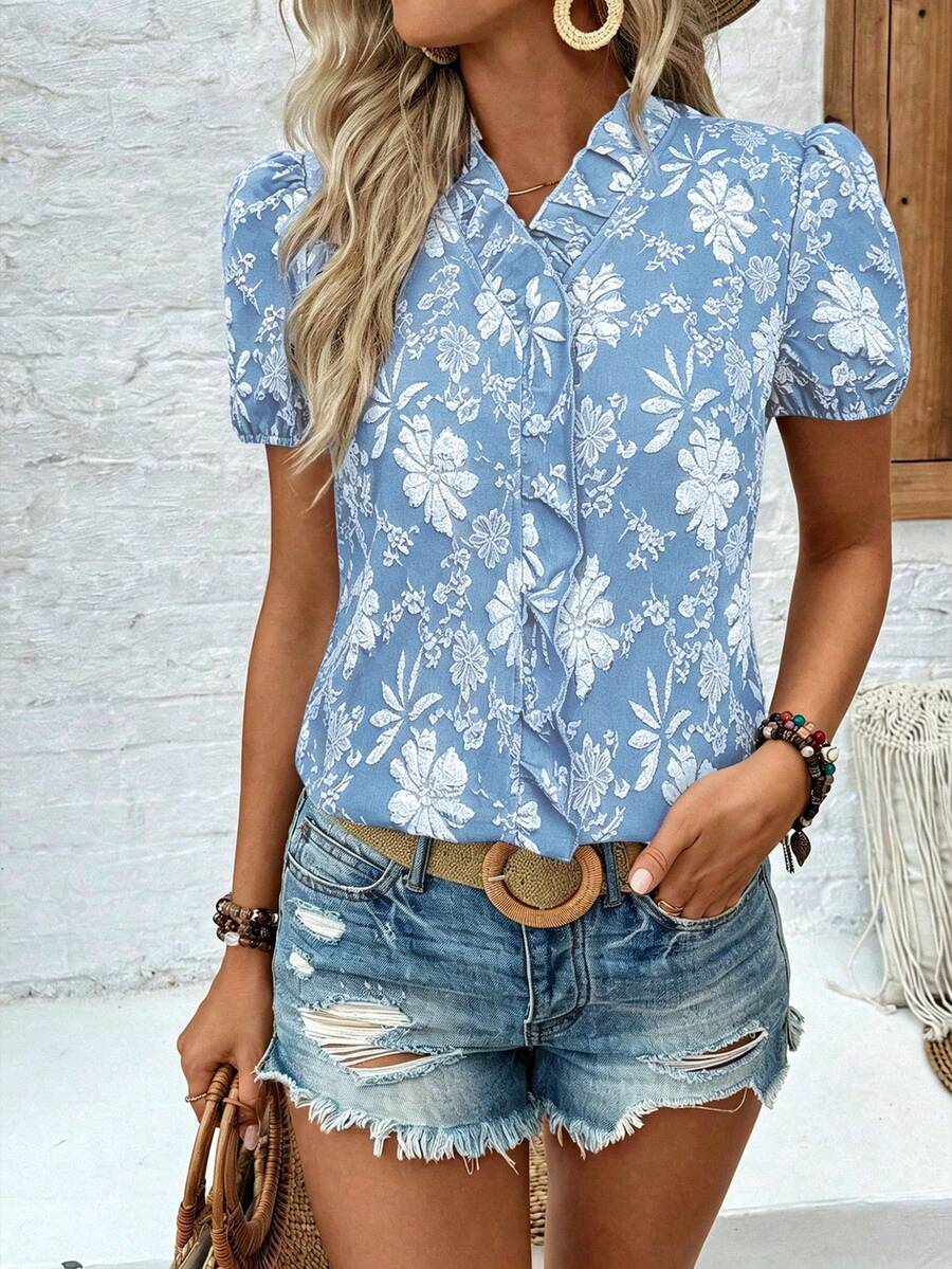 EMERY ROSE Elegant V-Neck Ruffle Petal Sleeve Jacquard Textured Fabric Women Blouse - Blue - View 1