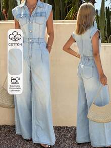 DAZY Women's Collared Sleeveless Waist Cinching Casual Denim Jumpsuit And Overalls - Light Wash - View 1