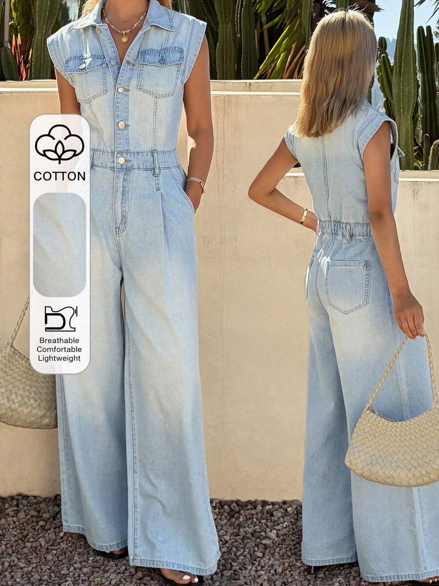 DAZY Women's Collared Sleeveless Waist Cinching Casual Denim Jumpsuit And Overalls - Light Wash - View 1