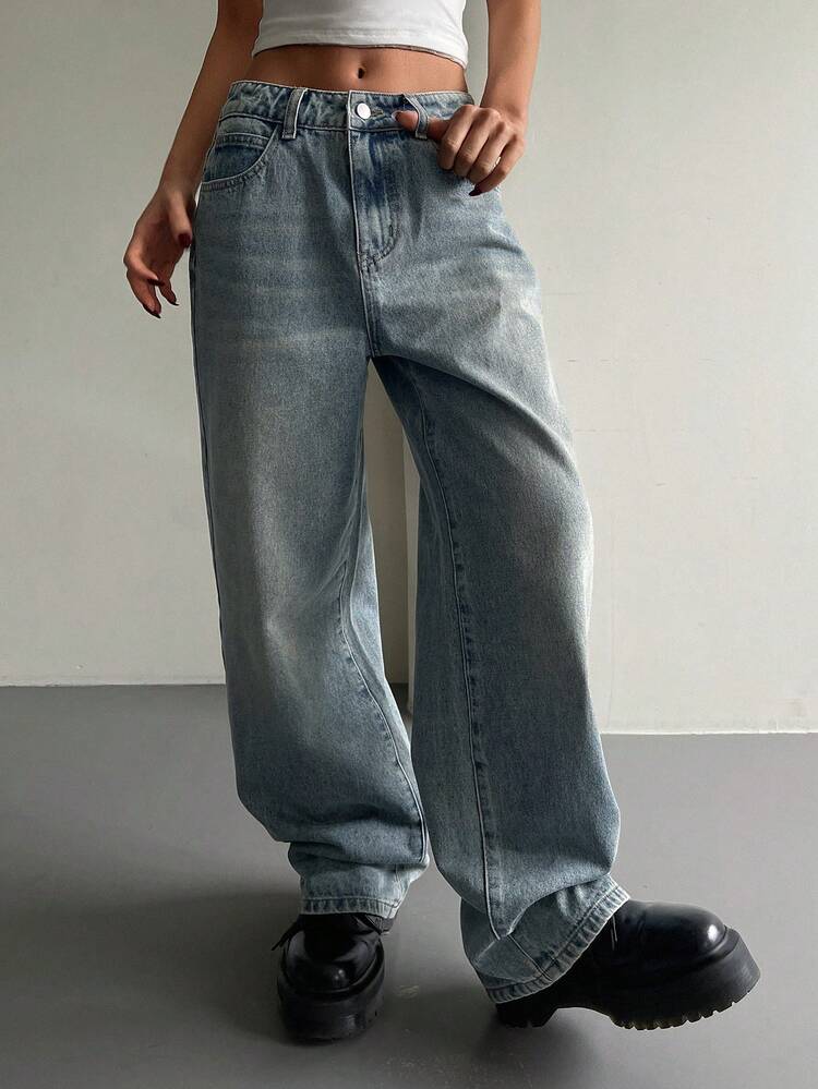 Women's Pocket Button Casual Versatile Daily Wear Wide Leg Jeans