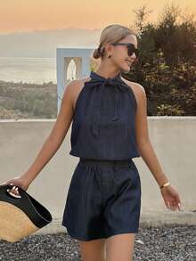 DAZY Bộ đồ denim mùa hè dành cho nữ, gồm áo không tay buộc cổ và quần short denim, kiểu dáng thường ngày. - Rửa tối - Xem 5