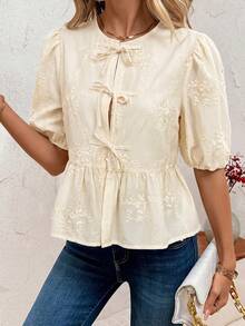 SHEIN Clasi Damen Bluse mit Frontknoten, Puffärmeln, süßer Stickerei, elegant für Urlaub, Valentinstag, Sommer, Teeparty, High Tea, Creme - Aprikosenfarben - Übersicht 5