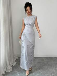 Elenzga Đầm nữ màu trơn, chất liệu vải hoa 3D phối nhiều mảnh, kiểu dáng thanh lịch và lãng mạn, thích hợp cho hẹn hò, tiệc trà chiều, lễ tốt nghiệp, hoặc đi nghỉ mát. - Xám - Xem 7