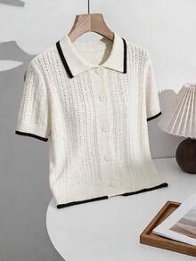 GlowEve Áo khoác cardigan nữ mùa xuân/hè cổ polo phối viền tương phản, dệt kim gân dọc đục lỗ kiểu cổ điển, phong cách retro/Hàn Quốc, thích hợp cho đi làm, mặc hàng ngày, hẹn hò, công sở nhẹ và các dịp khác, thanh lịch. - Màu Khaki - Xem 3