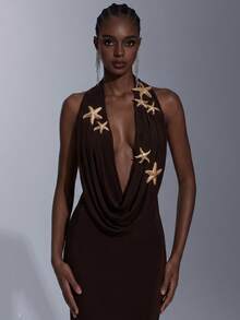 Elitara Rust Brown Spring Elegant Party Wedding Off-Shoulder Draped Collar Metallic Starfish Decor Sequin Embroidery Open Back Knit Long Dress For Wedding - Coffee Brown - View 2