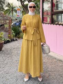 DAZY Spring Loose Casual Elegant Pullover Shirt & Long Skirt 2 Pieces Set For Women Lounge Sets For Women - Yellow - View 3