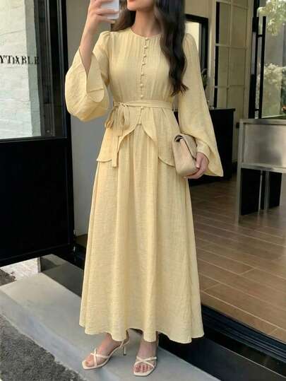 Solavon New French Style Loose Tie-Waist Long Sleeve Blouse And High-Waist Midi Skirt 2 Pieces Set, Vacation