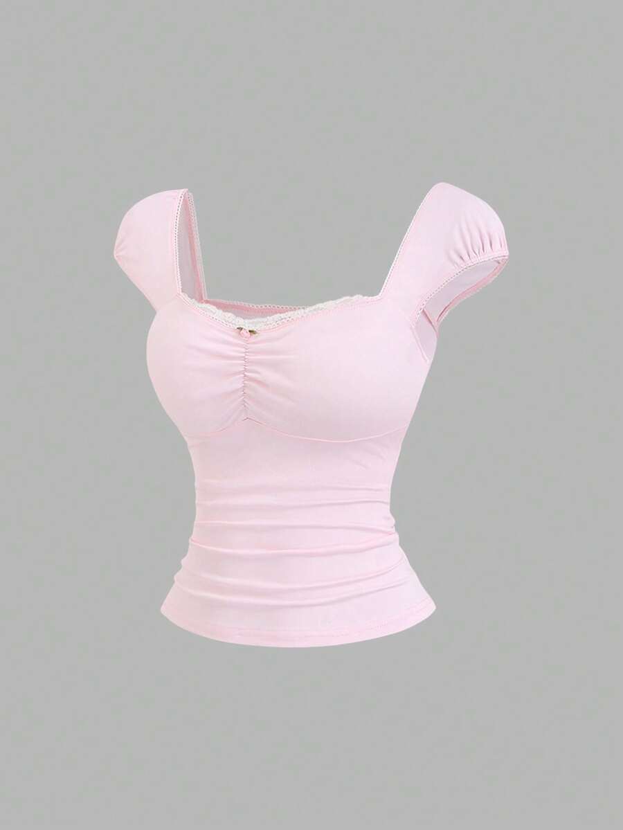 SHEIN SunnyBelle Women's Contrast Lace Ruffle Fitted Fashion T-Shirt - Pink - View 1