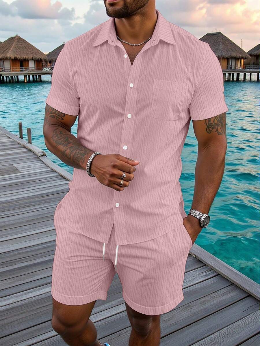 Genlund Manfinity RSRT Men's Casual Shirt And Shorts Set Holiday - Pink - View 1