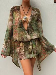 Women's Summer Vacation Plant Print Cinched Waist Flare Sleeve Coverup - Multicolor - View 3