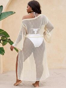 SHEIN Swim Plus Size Women Vacation Slit Knitted Crochet Long Cover Up Dress Beach Vacation Beige Summer Sexy - Apricot - View 2