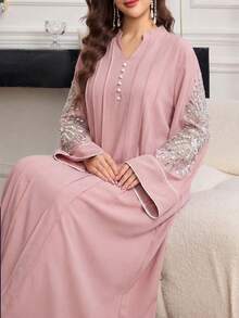 SHEIN Najma Vestido árabe elegante de fiesta con cuello entallado, parches de lentejuelas, mangas acampanadas y plisado suelto - Rosa - Ver 4