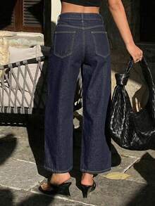 Jeans casuales de pierna recta y tobilleros para mujer - Azul lavado oscuro - Ver 4