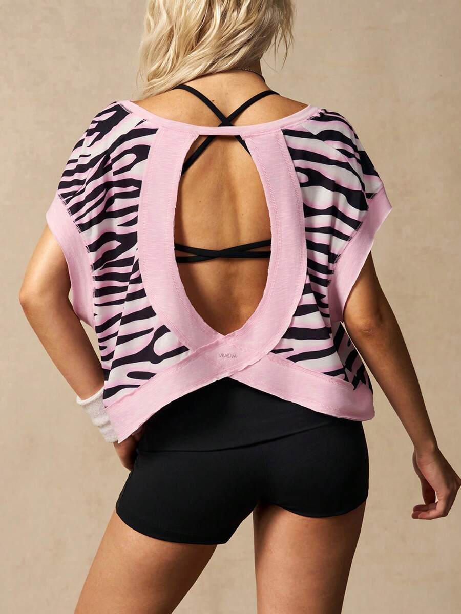 VARSIVA Women's Loose Casual T-Shirt With Zebra Print And Open Back