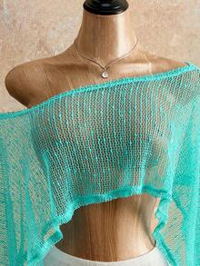 Mistrie 女士不对称下摆宽松不对称领口浅蓝色薄纱网眼沙滩罩衫，春夏休闲款 - 淺藍色 - 查看 7