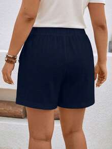 EMERY ROSE Plus Size Casual Vacation Bohemian Style Button Pocket Comfortable Linen Shorts - Navy Blue - View 2