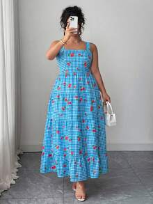SHEIN CURVE+ Đầm dài in họa tiết quả anh đào dành cho nữ cỡ lớn, thích hợp cho mùa xuân/hè. - Màu xanh lam - Xem 7