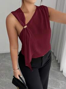 Elenzga Áo kiểu bất đối xứng thắt dây khóa kim loại, trang phục thường ngày thoải mái cho nữ, mùa xuân/hè. - Màu Đỏ Sâu - Xem 4