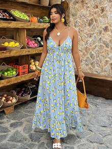 Breezaya Vestido casual de vacaciones con volantes en la espalda sin respaldo, estampado de limón a rayas, corte evasé, para primavera/verano, tallas grandes para mujer - Multicolor - Ver 6