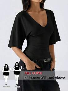 SHEIN Tall CURVE Blouse ample à manches évasées de couleur unie pour femmes grandes tailles, convenant pour le travail, les fêtes de Thanksgiving, les cérémonies de remise des diplômes et autres occasions. Élégante et à la mode, décontractée et confortable, avec un col en V profond. Top de mode noir pour dames, Top décontracté à manches, chemise moderne pour femmes - Noir - Voir 1