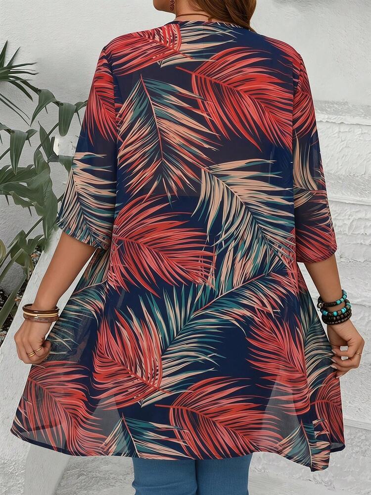Plus Size Women Tropical Plant Print Loose 3/4 Sleeve Jacket