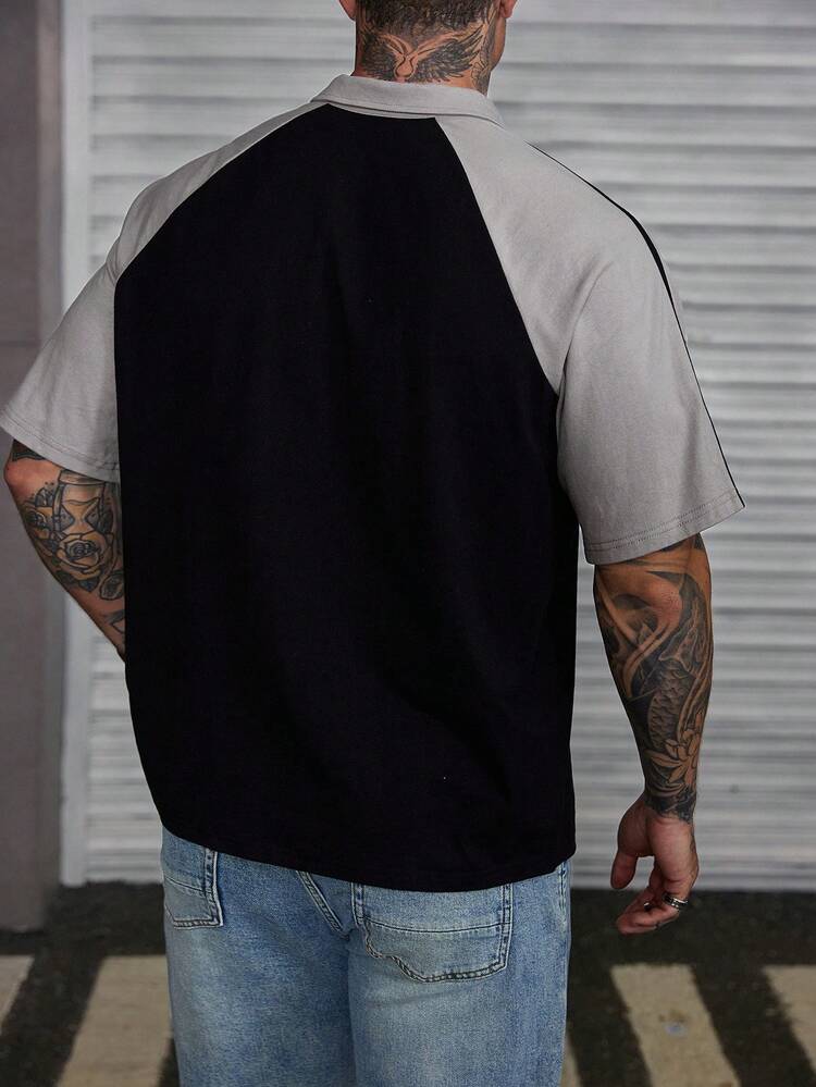 Men's Polo Shirt With Contrast Color Splice Raglan Sleeves, Multi-Color