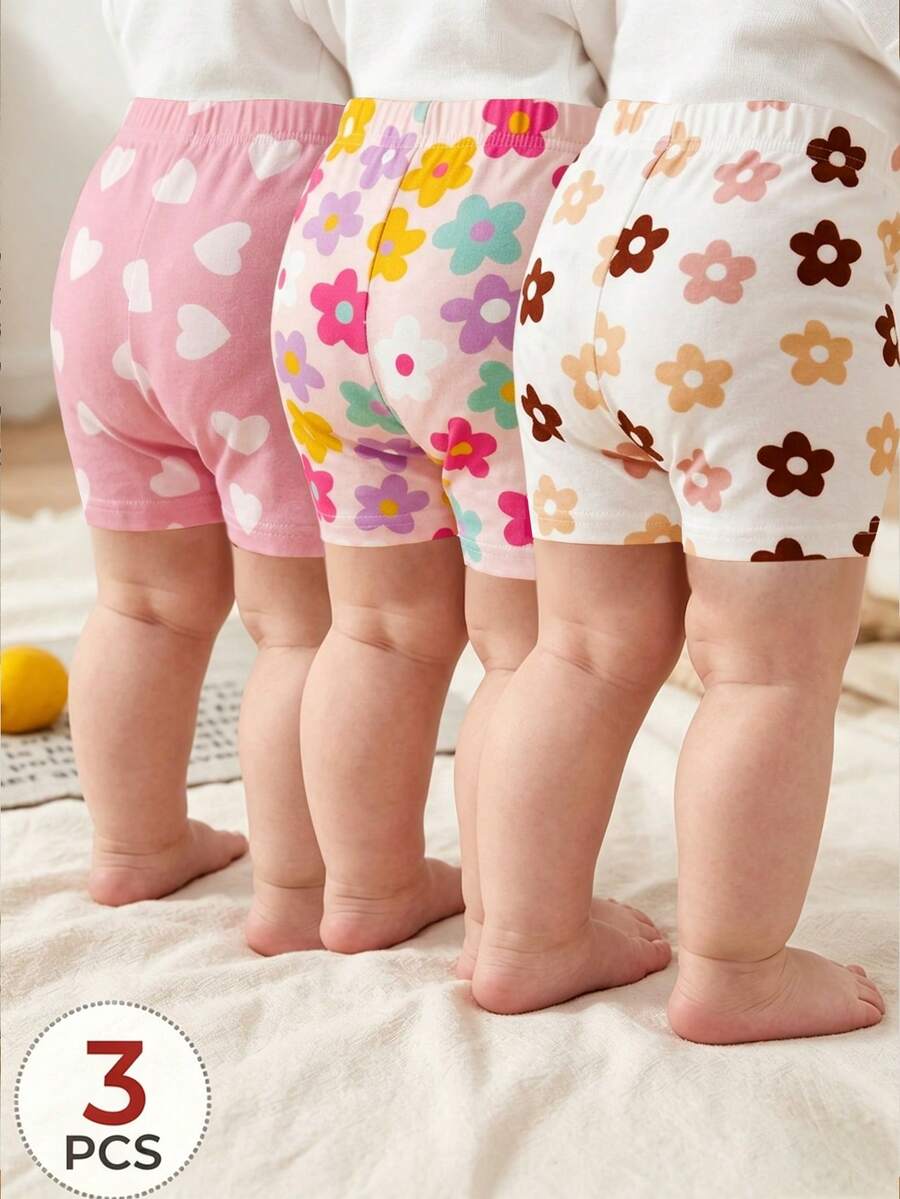 Bộ 3 món cho bé gái 6 tháng - 2-3 tuổi, phong cách ngọt ngào & tươi trẻ / năng động, quần short ôm sát co giãn họa tiết trái tim & hoa nhiều màu, đa năng mặc hàng ngày/đi học, mùa xuân/hè/thu. - Nhiều màu - Xem 1