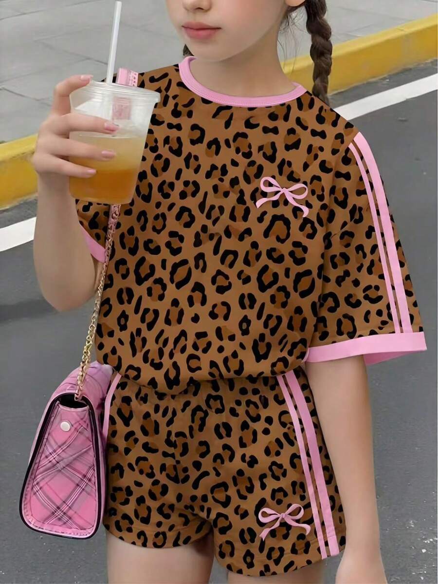Tween Girls' Digital Polka Dot Bow Decor Short Sleeve Shorts Set, Casual Comfortable Stylish Spring/Summer Outfit, Versatile Design Suitable For Outdoor, Sports, Picnic, Photography, Home, School, Holidays, Gifts,Summer Outfits,Polka Dot Top,Squishy,Summer Sets,Summer Two Piece Set - Multicolor - View 1