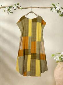 Rusticease Plus Size Color Block Minimalist Round Neck Short Sleeve Dress - Multicolor - View 2
