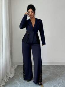 Elenzga Blazer et pantalon élégant en ensemble 2 pièces pour femmes, avec patchwork de dentelle. Convient pour le style décontracté, les déplacements, la mode de rue vintage française, les affaires, les vacances. Automne/Hiver - Bleu marine - Voir 5