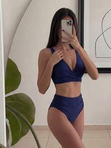 New V-Neck Solid High Waist Bikini 2 Pieces Swimsuit For Women, Beach Summer Outfits Navy Blue Blue Low Rise - Navy Blue - View 6
