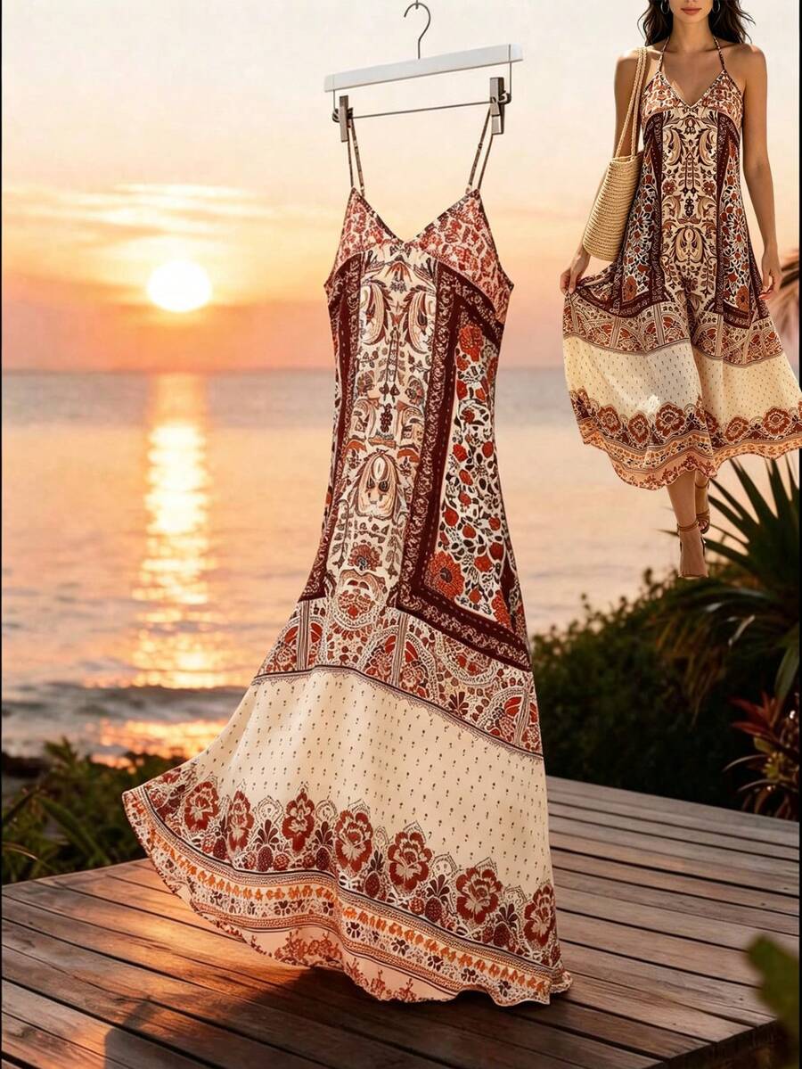Breezaya 女士度假海滩夏季波西米亚风超大印花吊带连衣裙
